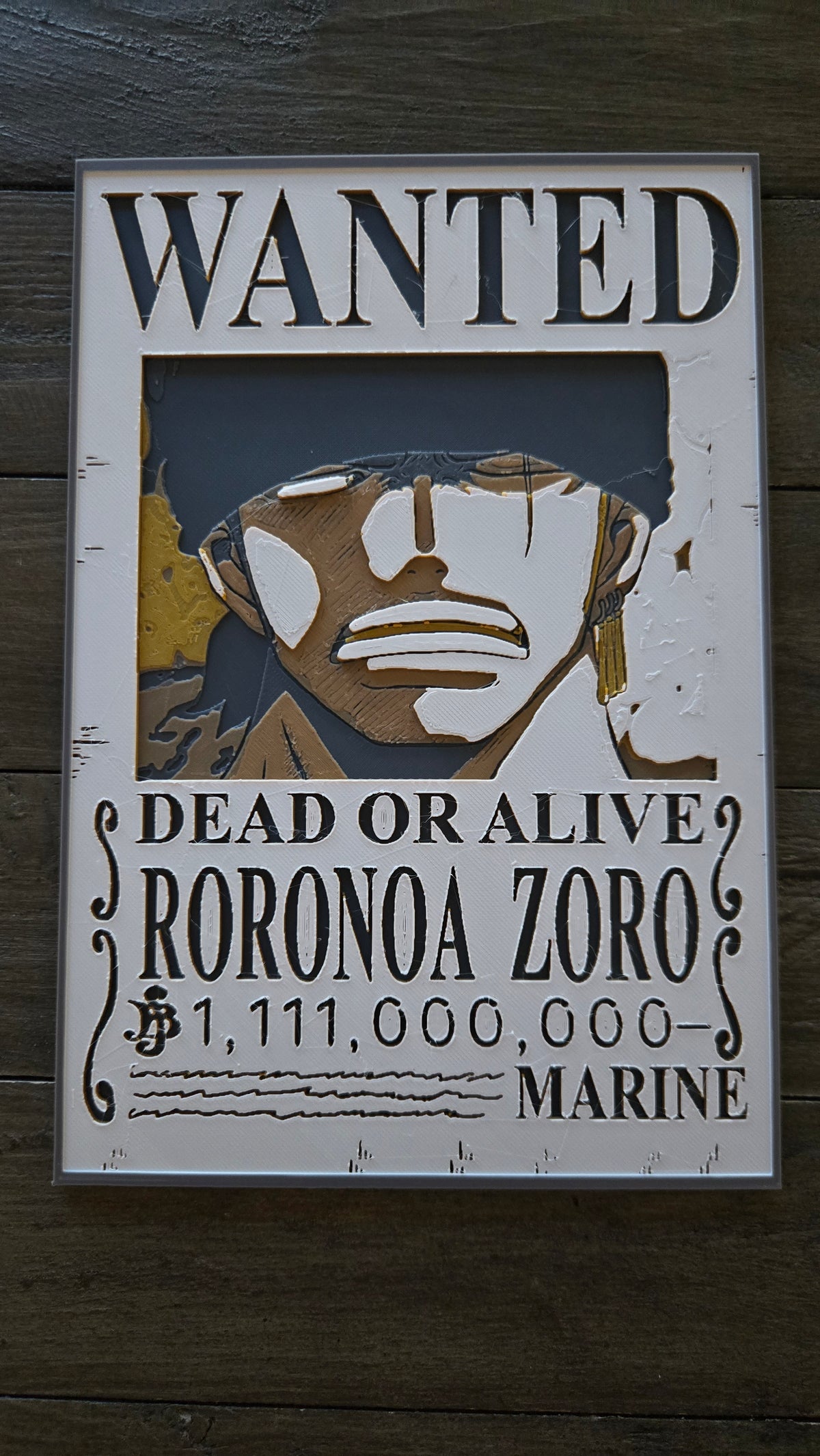 Roronoa Zoro Wanted Poster – One Piece 3D-Printed HueForge Art