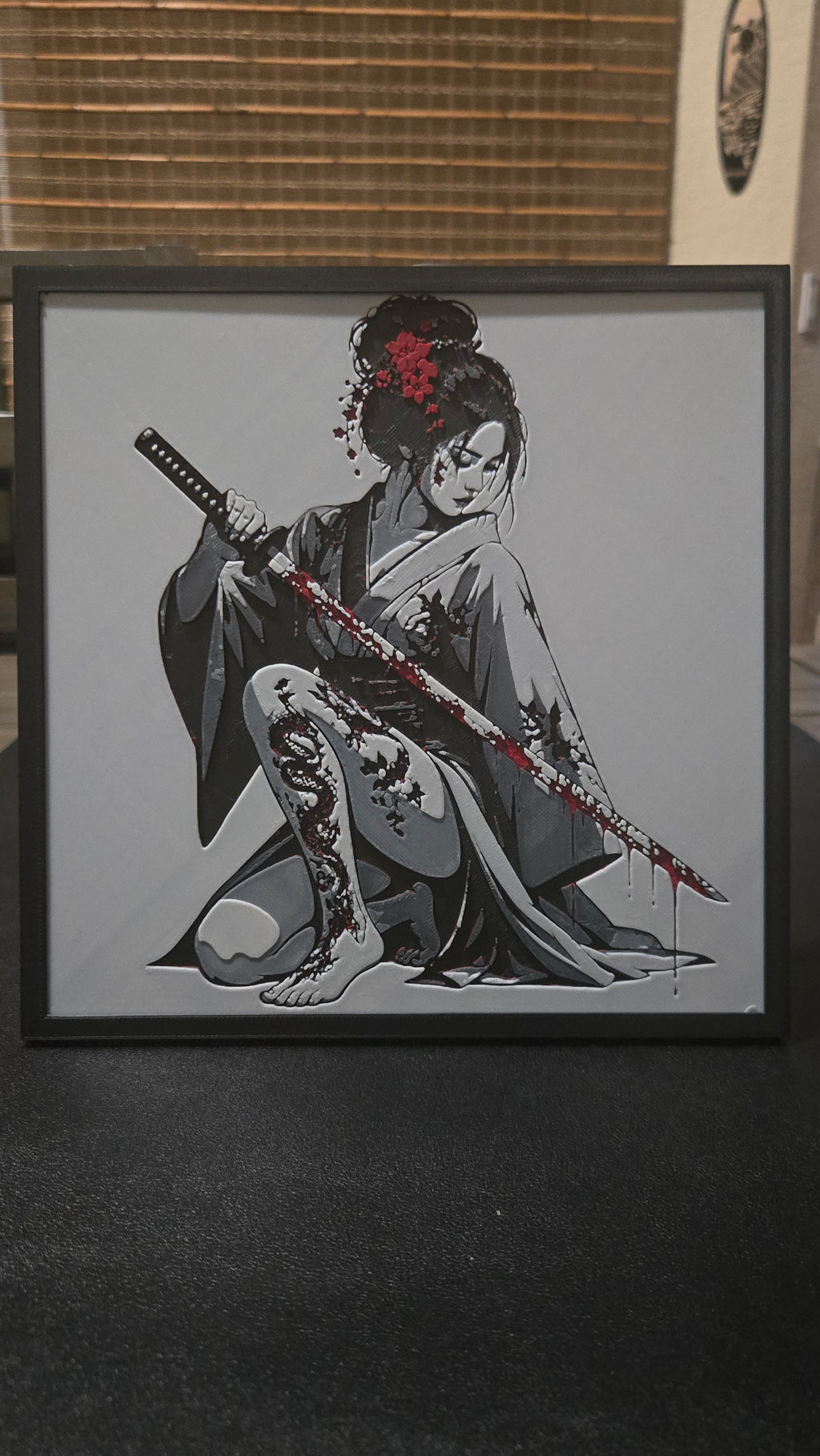 Crimson Samurai Woman – Framed UV-Reactive HueForge Art