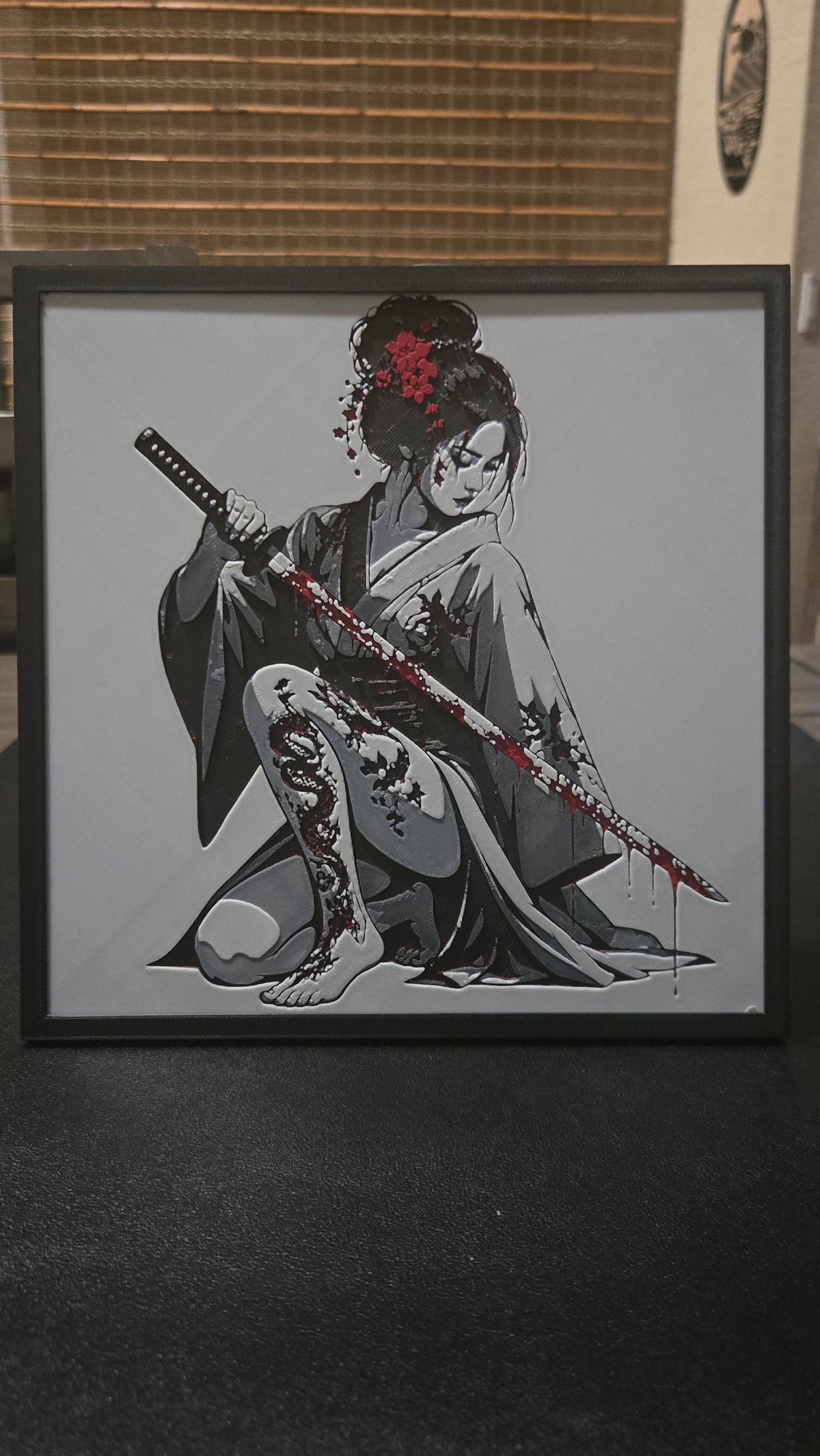 Crimson Samurai Woman – Framed UV-Reactive HueForge Art