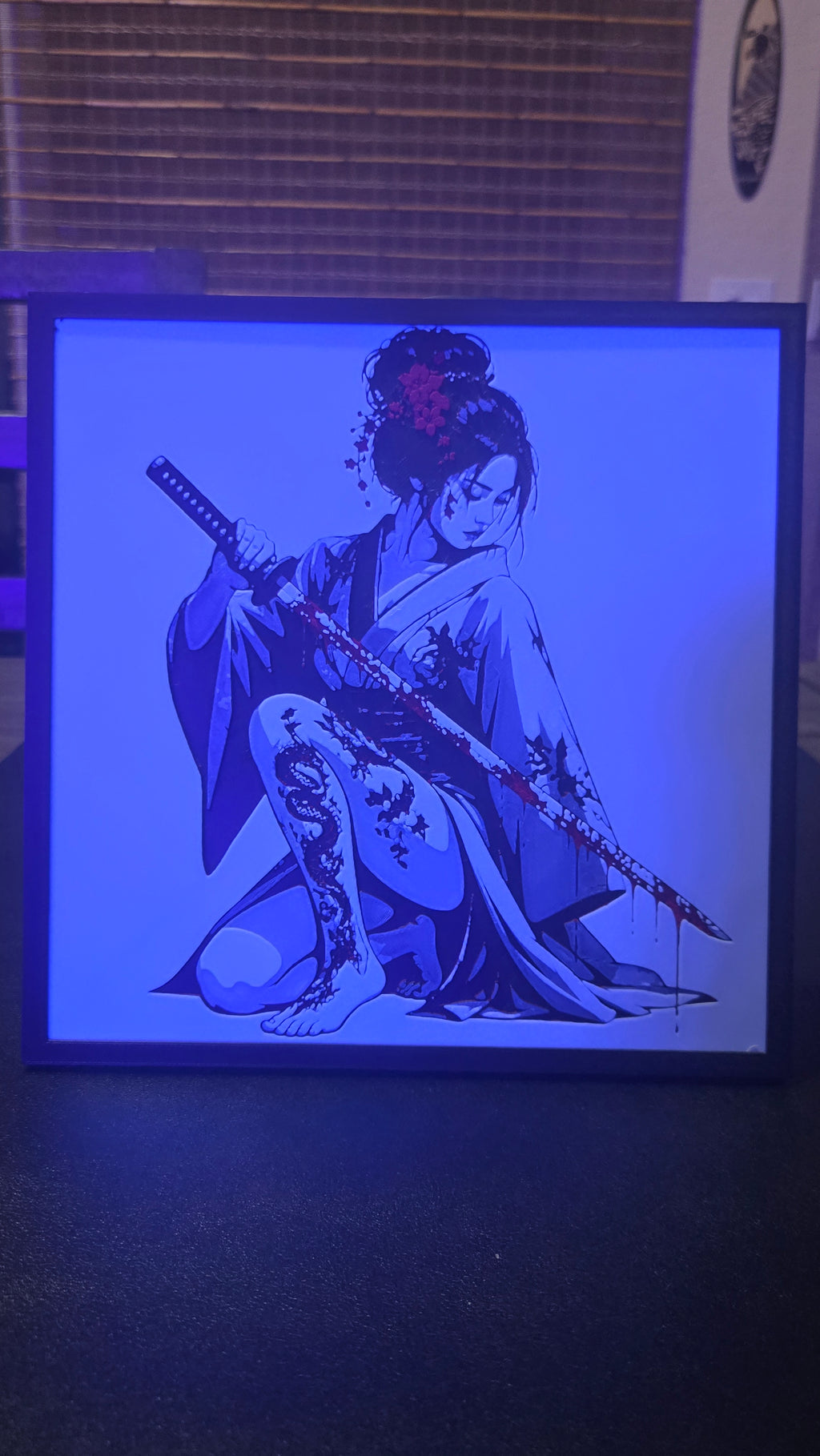 Crimson Samurai Woman – Framed UV-Reactive HueForge Art