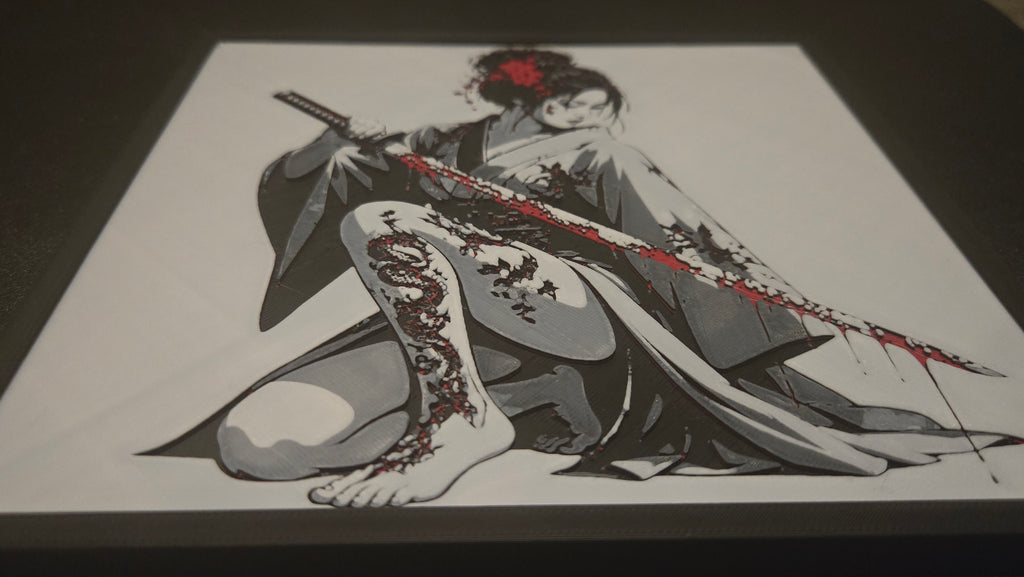 Crimson Samurai Woman – Framed UV-Reactive HueForge Art